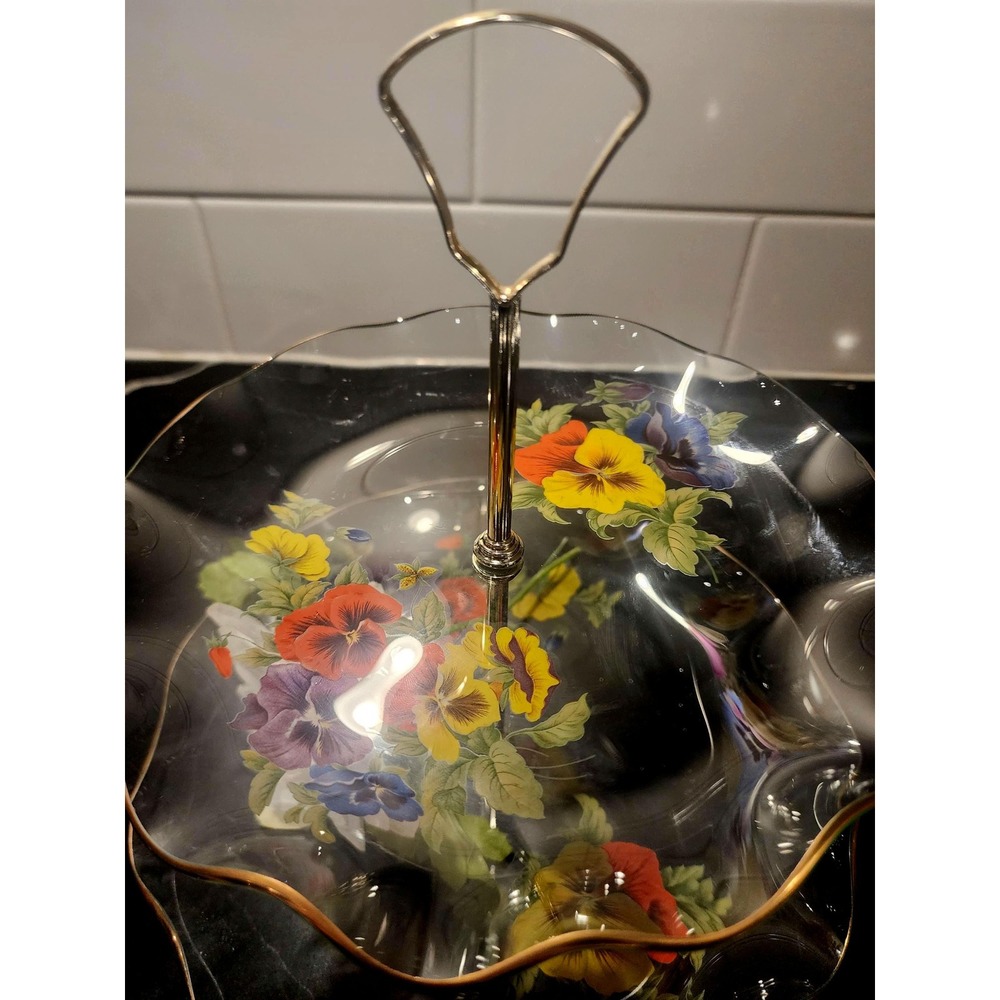 Vintage Pansy Floral 2 Tier Glass Serving Tray Gold Ruffled Edge Retro 70s Stand